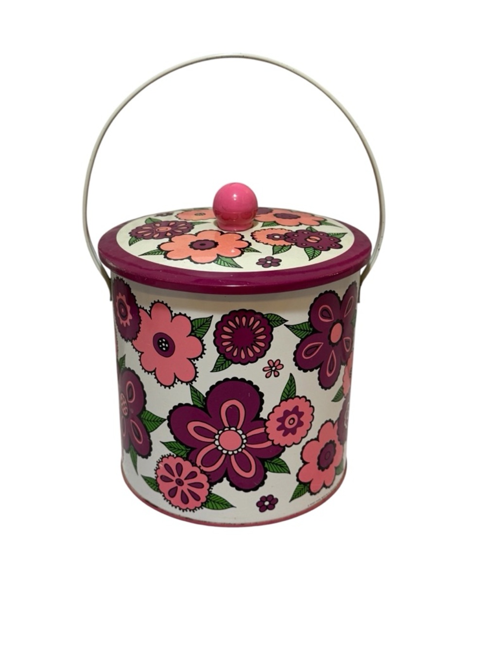 Vintage Baret Ware Metal Biscuit Tin Box Container Purple Pink Flowers